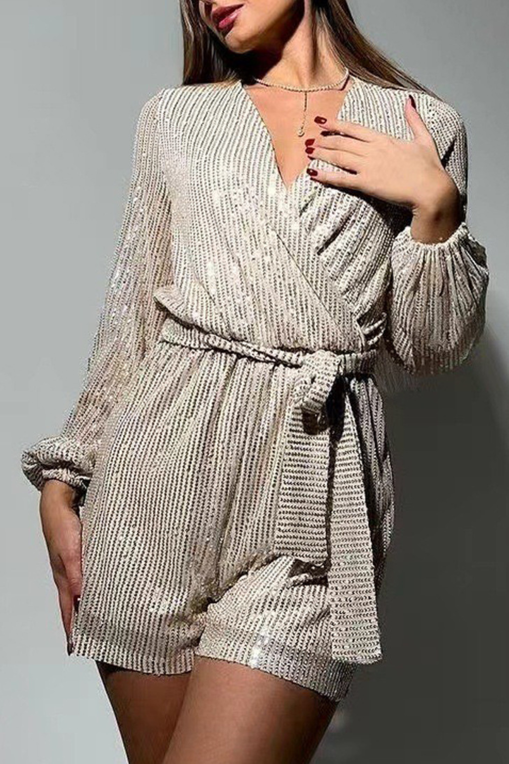 Shimmering Long-Sleeve Playsuit – Wrap Front Belted Party Romper