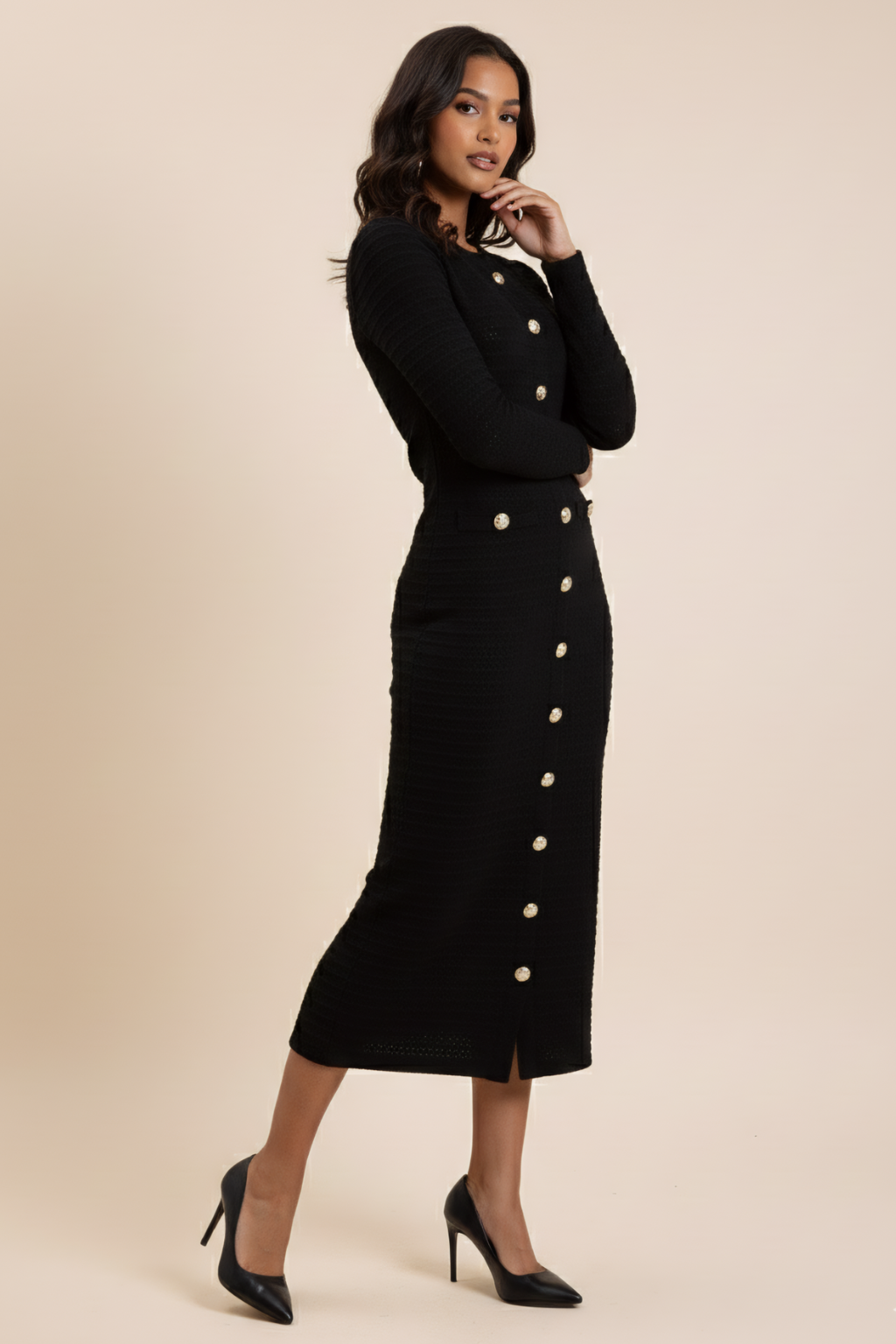 Polished Button Front Midi Dress – Long Sleeve Structured Silhouette
