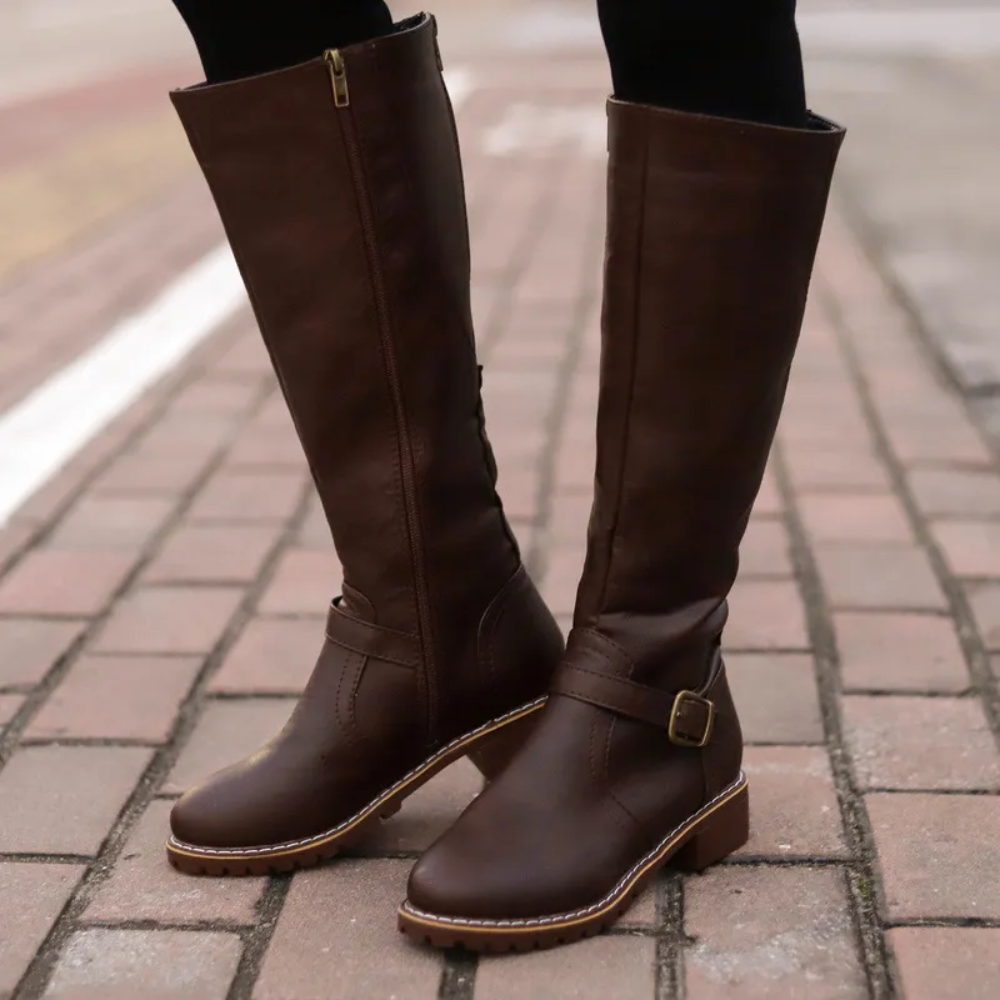 Women’s Knee-High Buckle Boots – Classic Style with Low Heel