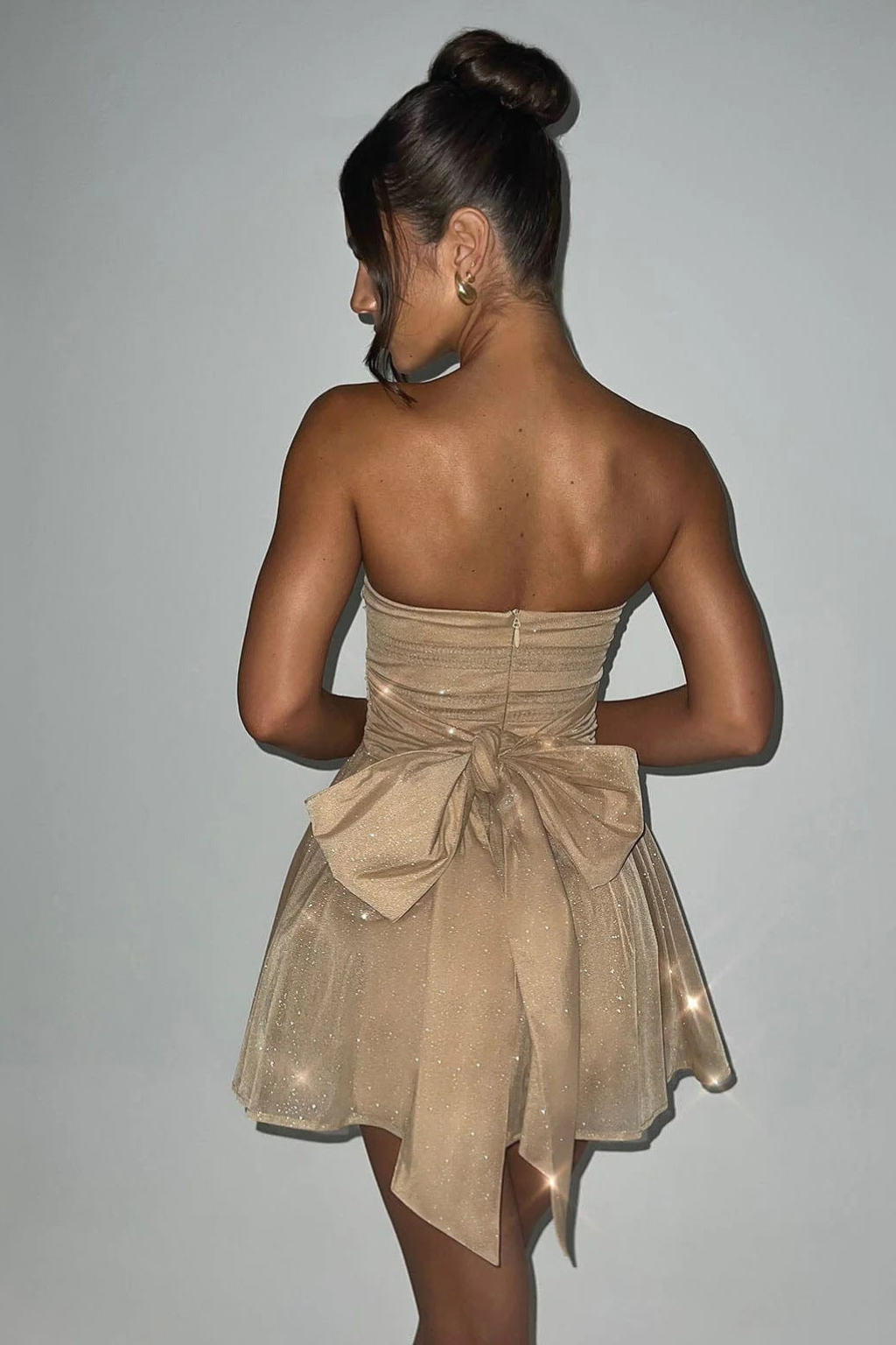 Strapless Mini Dress – Chic Glitter Finish & Statement Bow Detail