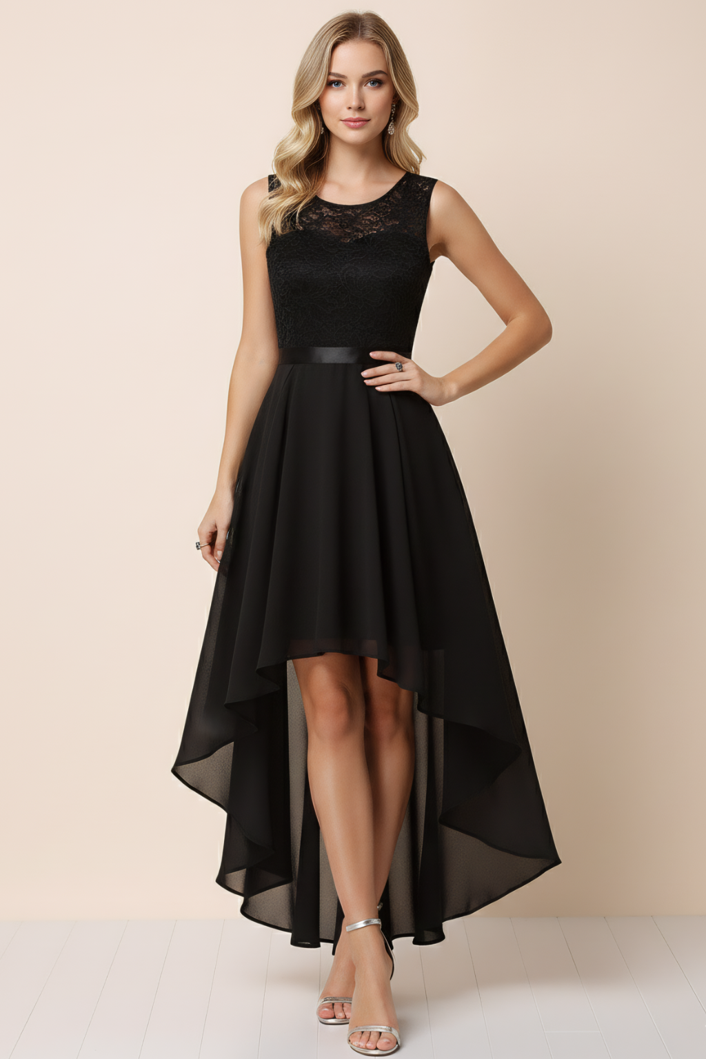 High-Low Evening Dress – Lace Bodice & Flowing Asymmetrical Silhouette