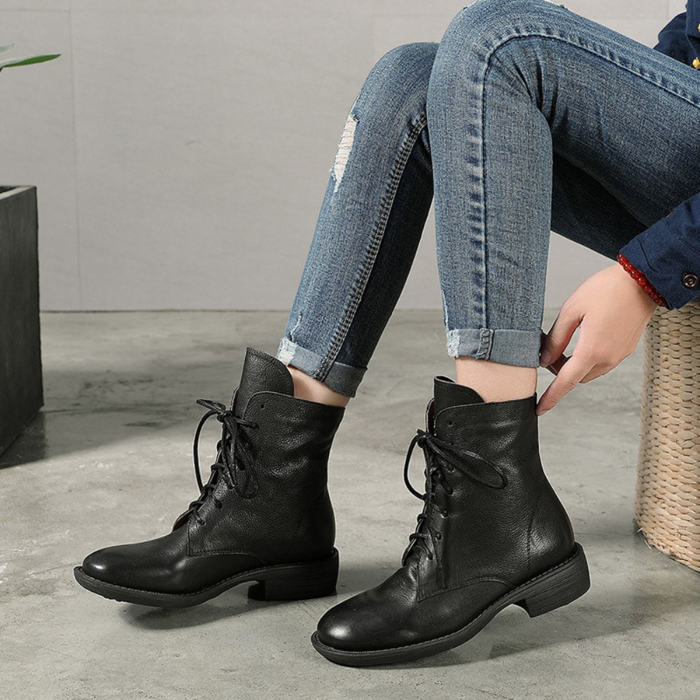 Women's Lace-Up Ankle Boots – Classic Brown with Low Block Heel