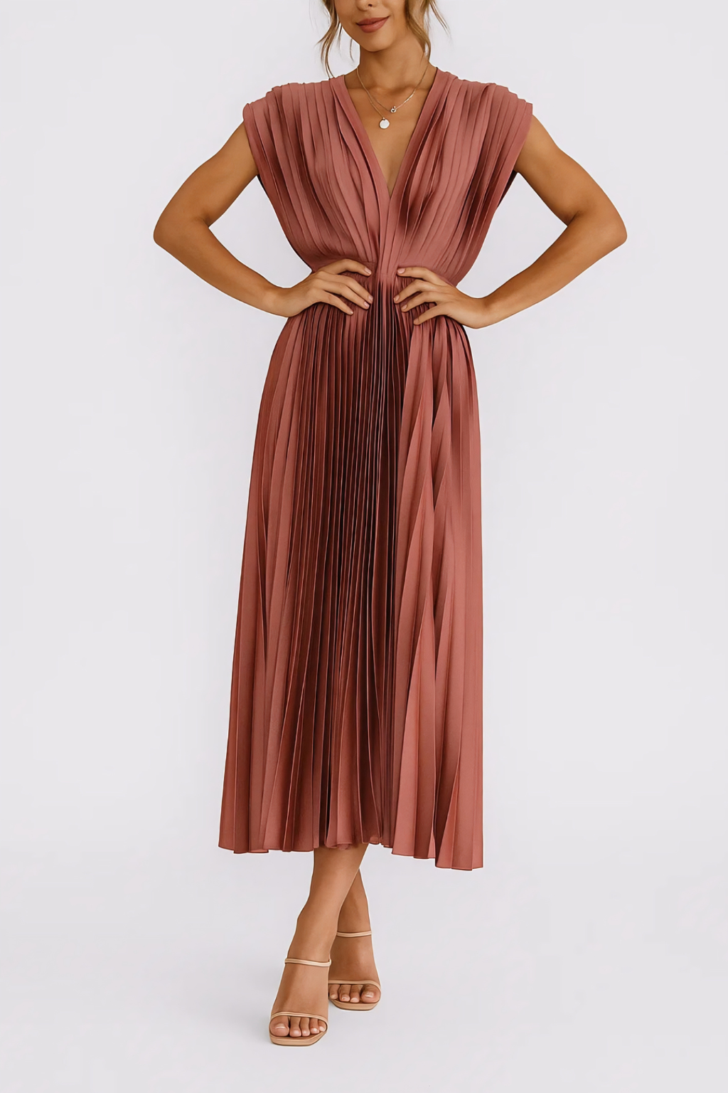 Pleated Deep V-Neck Midi Dress – Elegant Occasion Dress
