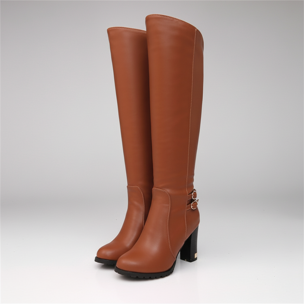 Women’s Knee-High Boots with Block Heel – Double Buckle Detail & Plush Lining