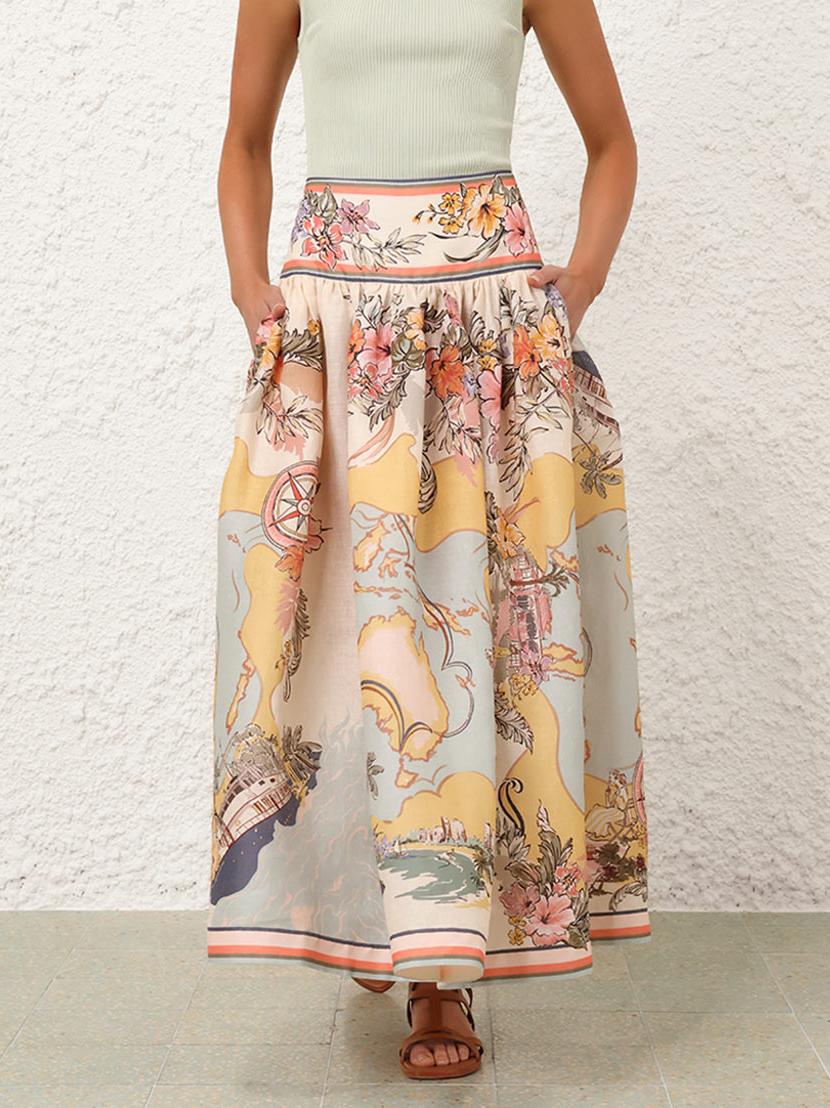 Women's Floral Midi Skirt – Pleated A-line Silhouette & Scenic Print