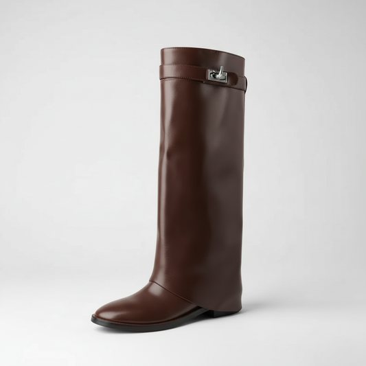 Knee High Leather Boots – Polished Buckle Detail and Sleek Silhouette