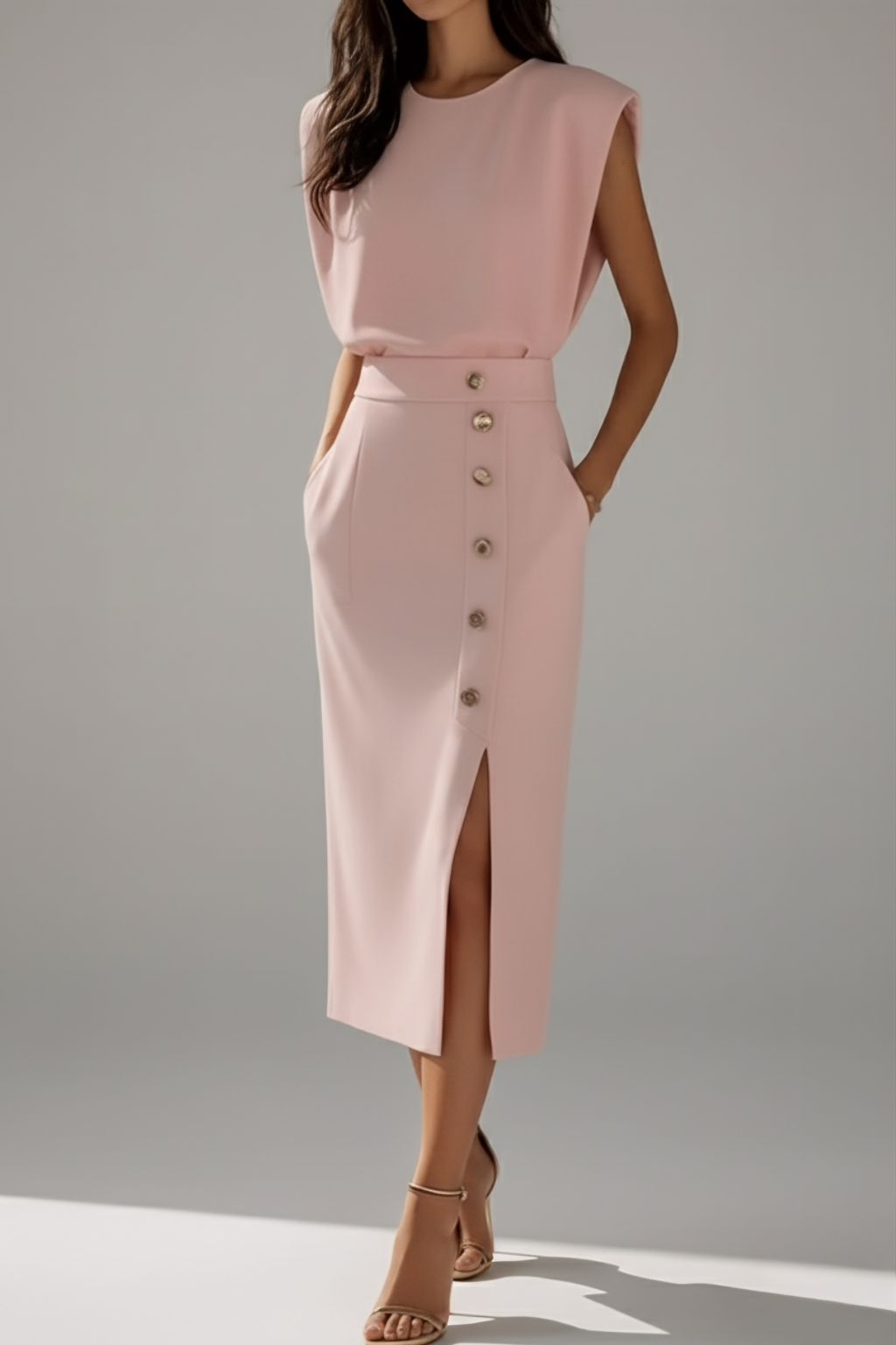 Elegant Button Detail Midi Dress – Refined Business Silhouette