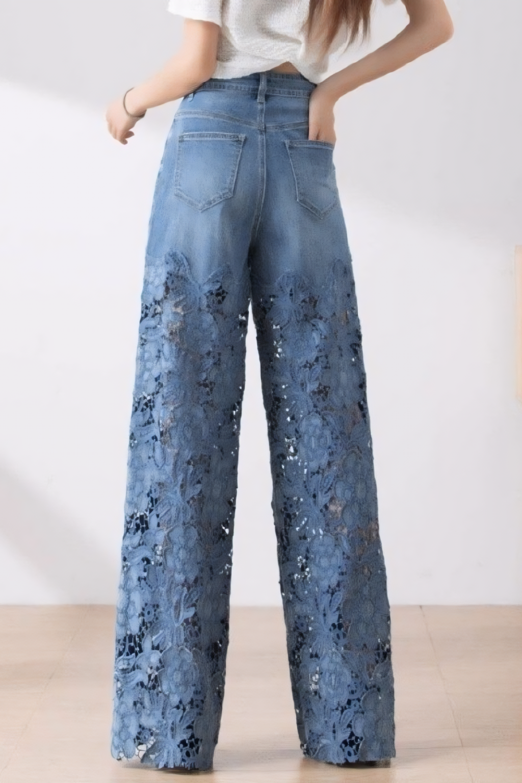 Statement Wide Leg Jeans – Floral Cutout Detail & High Waist Silhouette