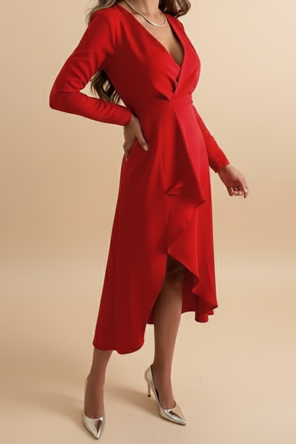 Graceful Long-Sleeve Wrap Dress – Asymmetrical Midi Evening Style