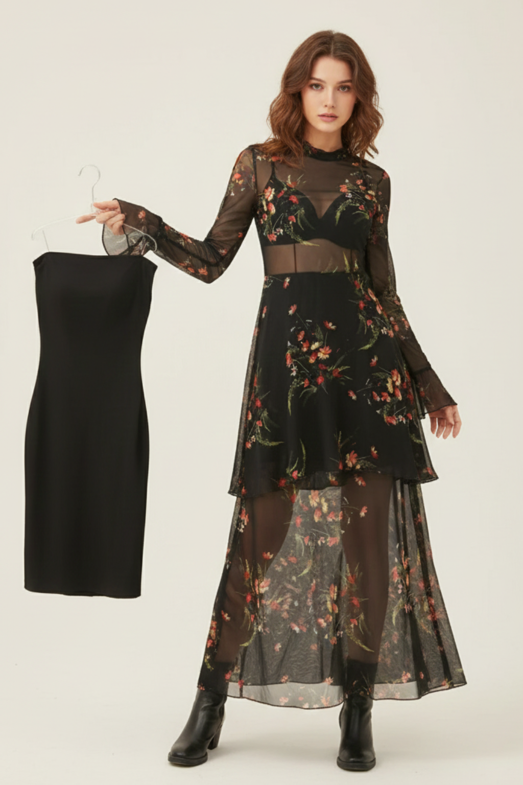 Two Piece Maxi Dress Set – Long Sleeve Floral Overlay & Slip Dress