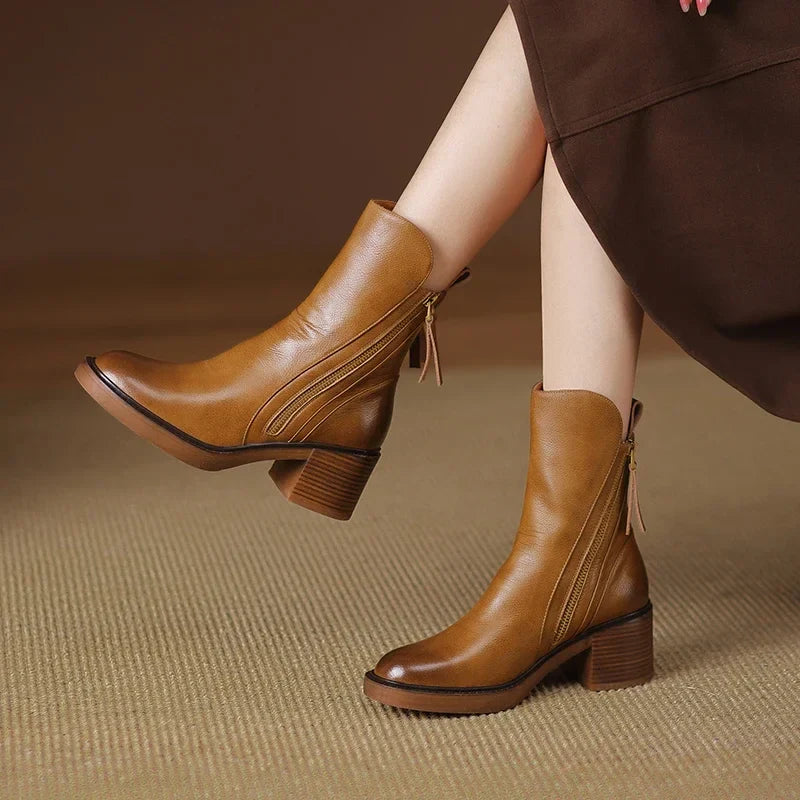 Women’s Block Heel Zip Ankle Boots – Sleek Round-Toe Design