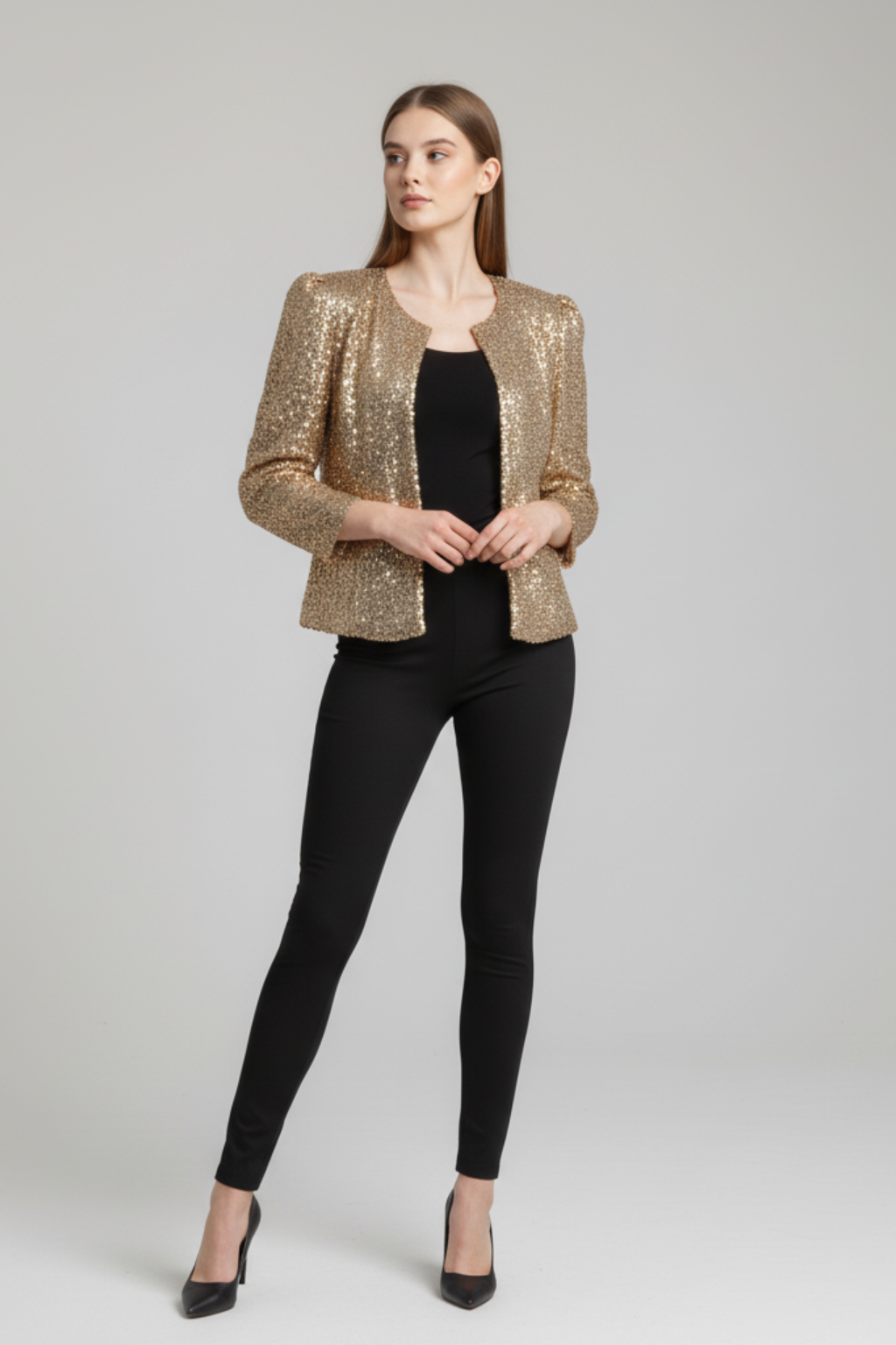 Refined Shimmer Jacket – Tailored Shoulders & Timeless Open-Front Cut