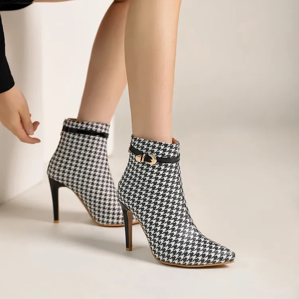 Women's Houndstooth Ankle Boots – Pointed Toe Stiletto with Gold Buckle