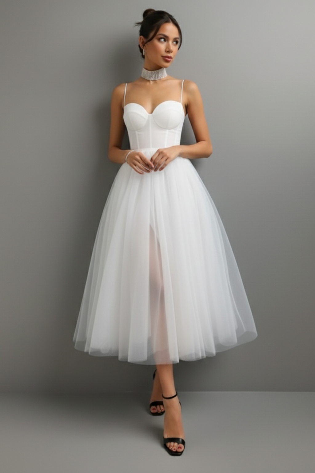 Graceful Corset-Bodice Midi Dress – Spaghetti Straps & Tulle Overlay