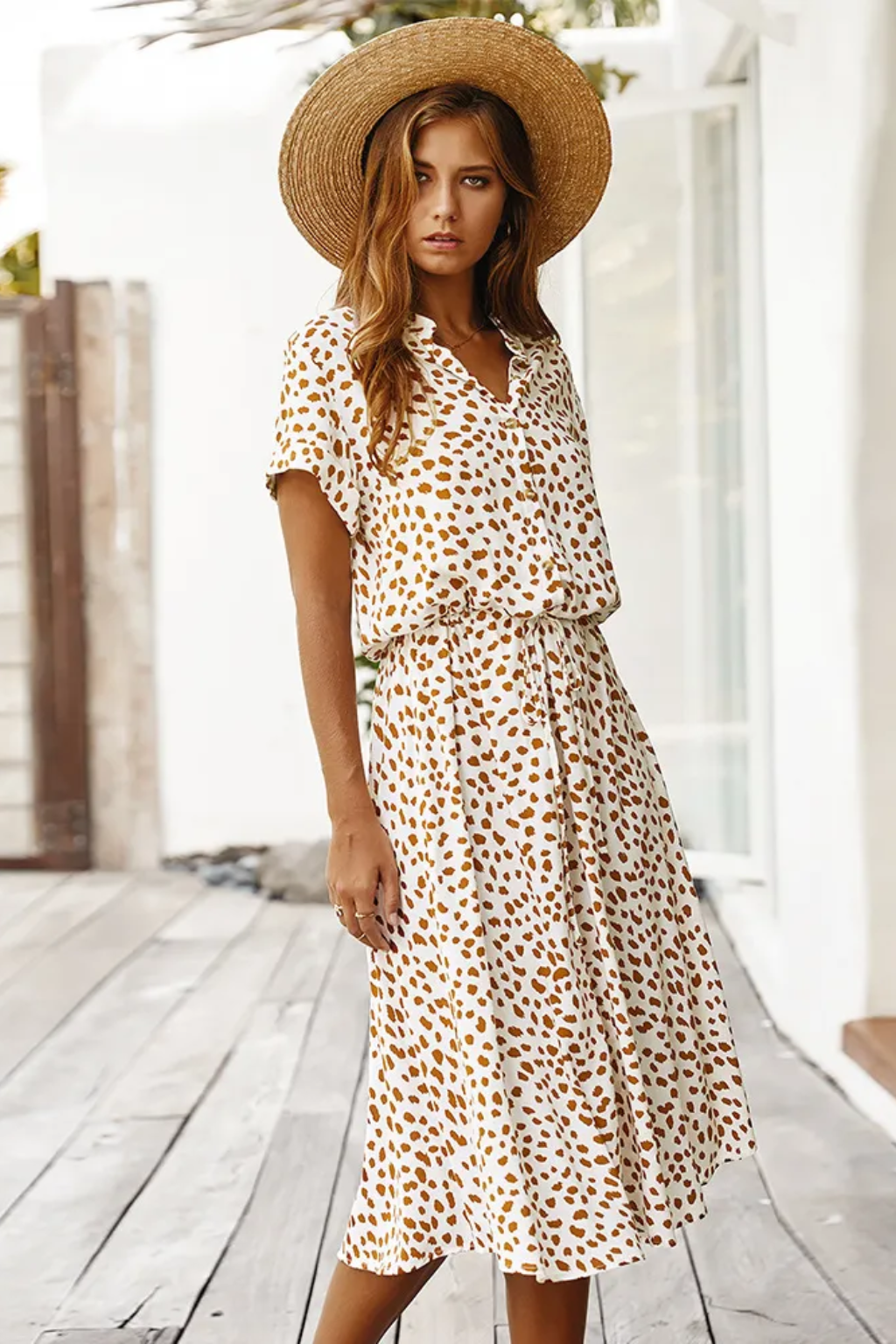 Chic Printed Midi Dress – Short-Sleeve Button-Front Summer Style
