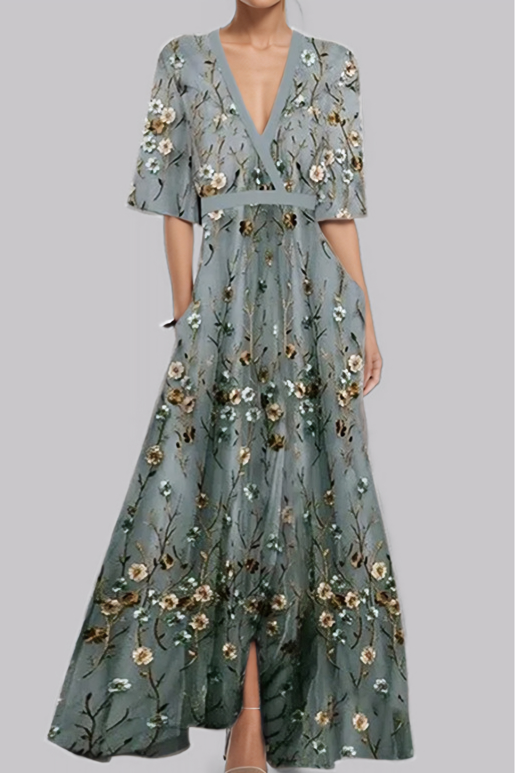 Elegant Floral Print Maxi Dress – Wrap V-Neck Evening Silhouette