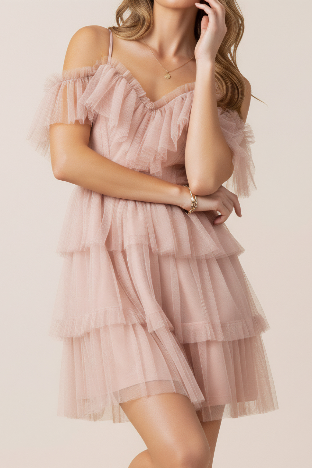 Romantic Off-Shoulder Pleated Mini Dress – Tiered Ruffle Detailing & Flowy Silhouette