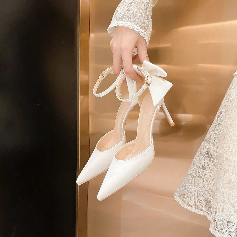 Satin Ankle Strap Stiletto Heels – Elegant Pointed Pumps with Statement Bow Back