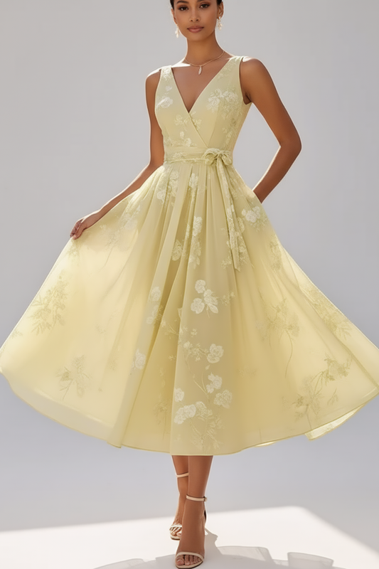 Graceful Floral Midi Dress – Waist-Tie Cocktail Silhouette