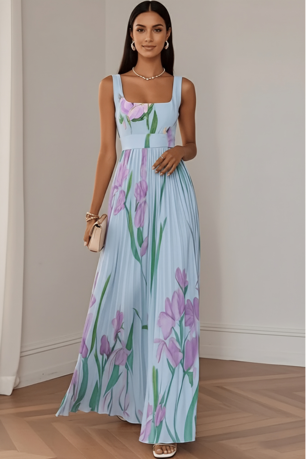 Elegant Sleeveless Floral Pleated Maxi Dress – Square Neck Evening Silhouette