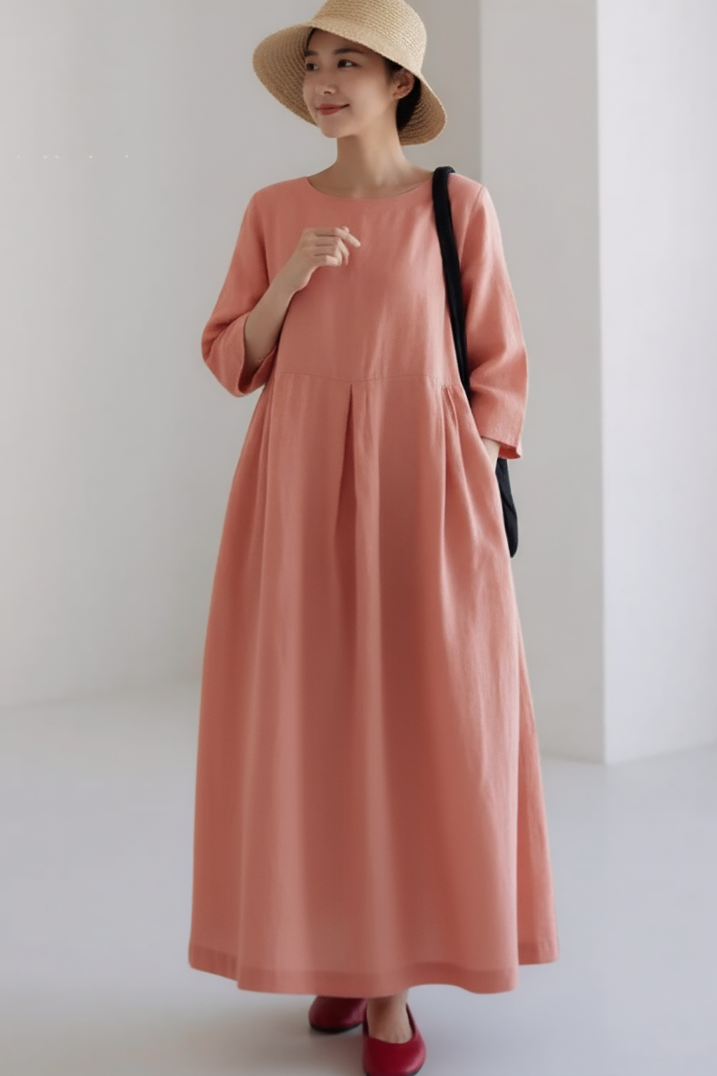Relaxed Pleated Midi Dress – Effortless Comfort & Modern Simplicity