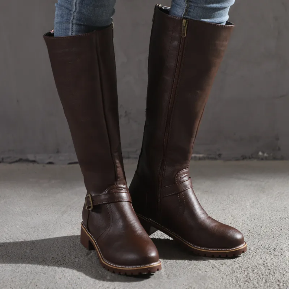 Women’s Knee-High Buckle Boots – Classic Style with Low Heel
