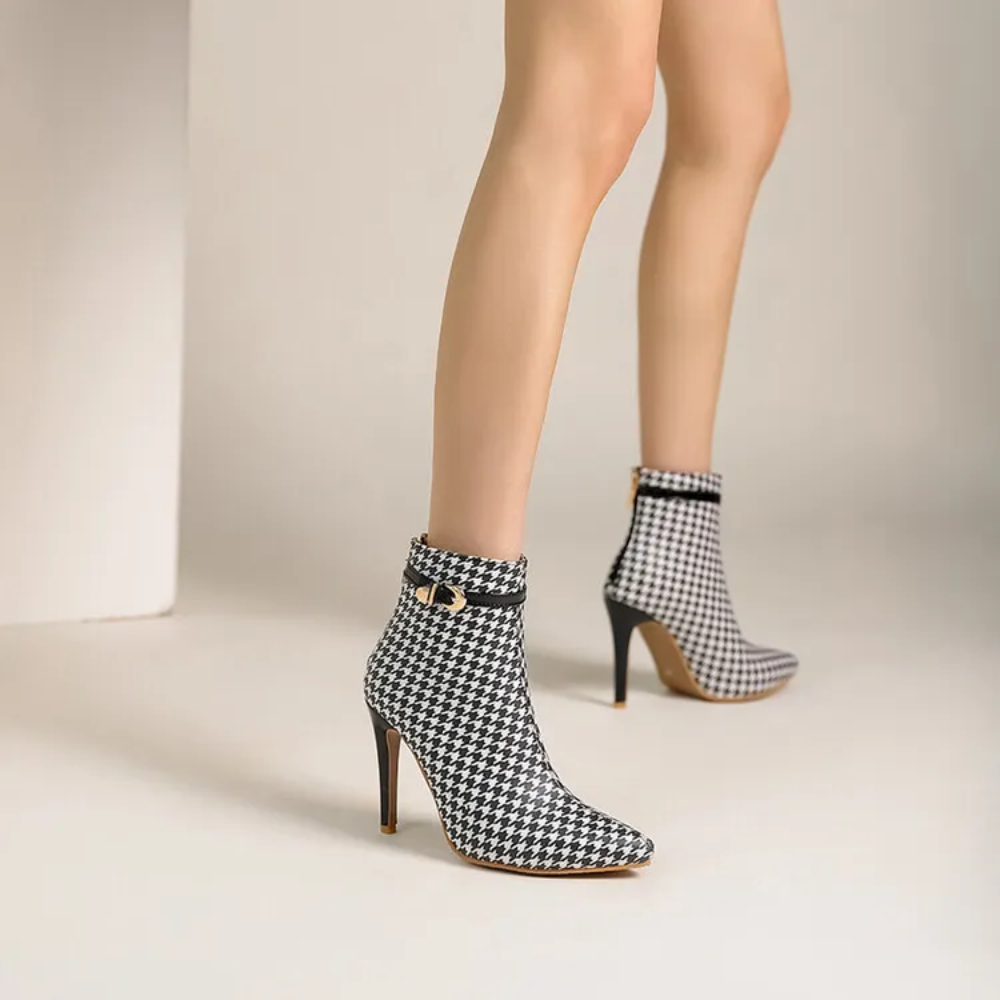 Women's Houndstooth Ankle Boots – Pointed Toe Stiletto with Gold Buckle