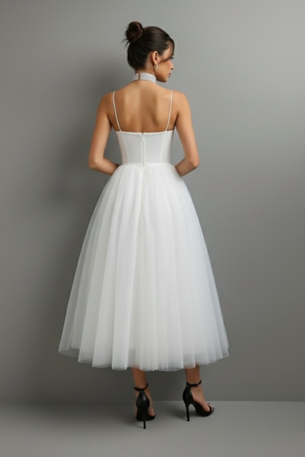Graceful Corset-Bodice Midi Dress – Spaghetti Straps & Tulle Overlay