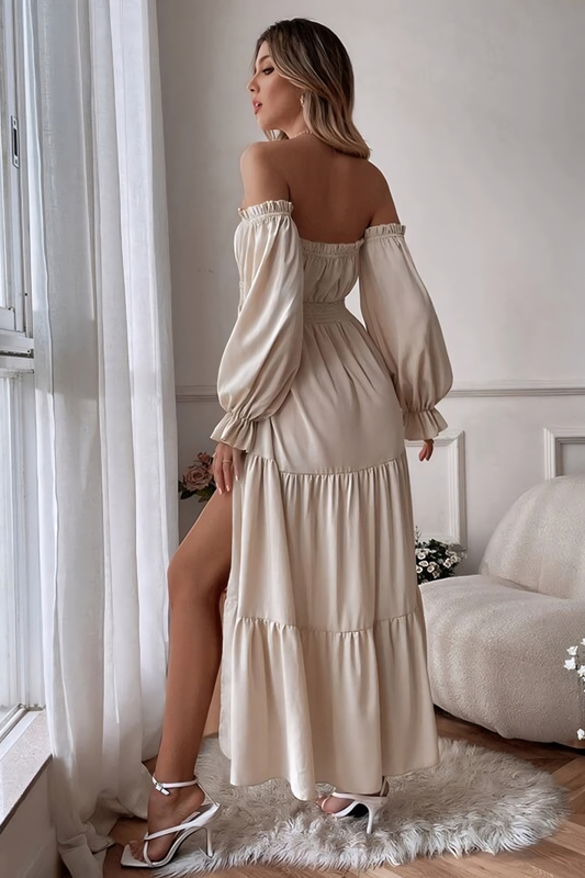 Elegant Off-Shoulder Maxi Dress – Smocked Waist Flowy Tiered Silhouette