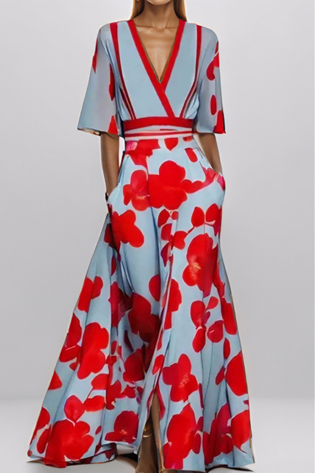 Elegant Floral Print Maxi Dress – Wrap V-Neck Evening Silhouette