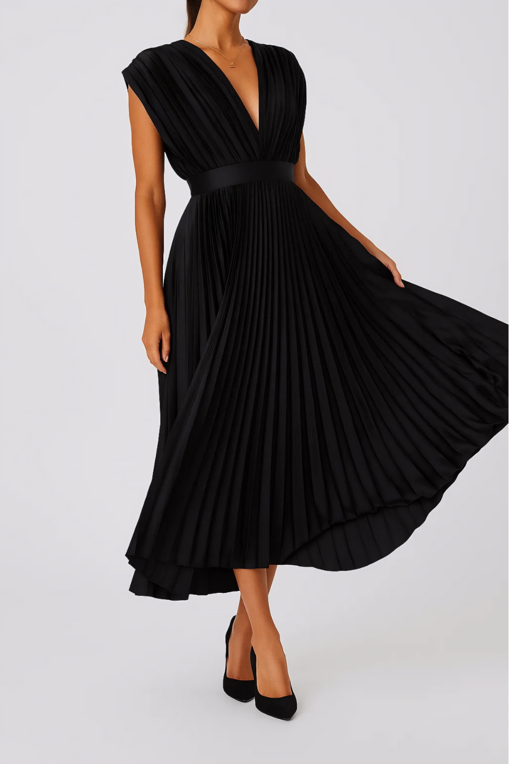 Pleated Deep V-Neck Midi Dress – Elegant Occasion Dress