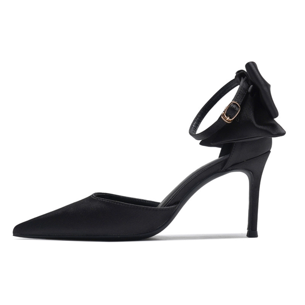 Satin Ankle Strap Stiletto Heels – Elegant Pointed Pumps with Statement Bow Back