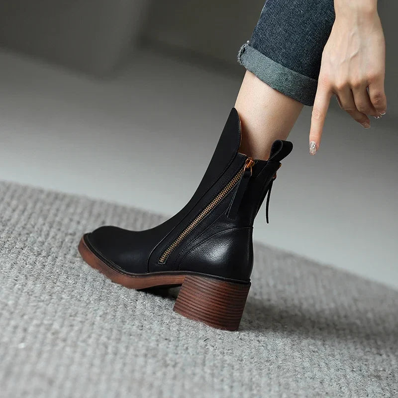 Women’s Block Heel Zip Ankle Boots – Sleek Round-Toe Design