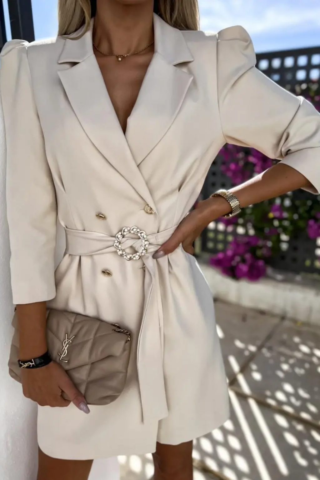 Sophisticated Double-Breasted Blazer Dress – Tailored Fit & Belted Waist