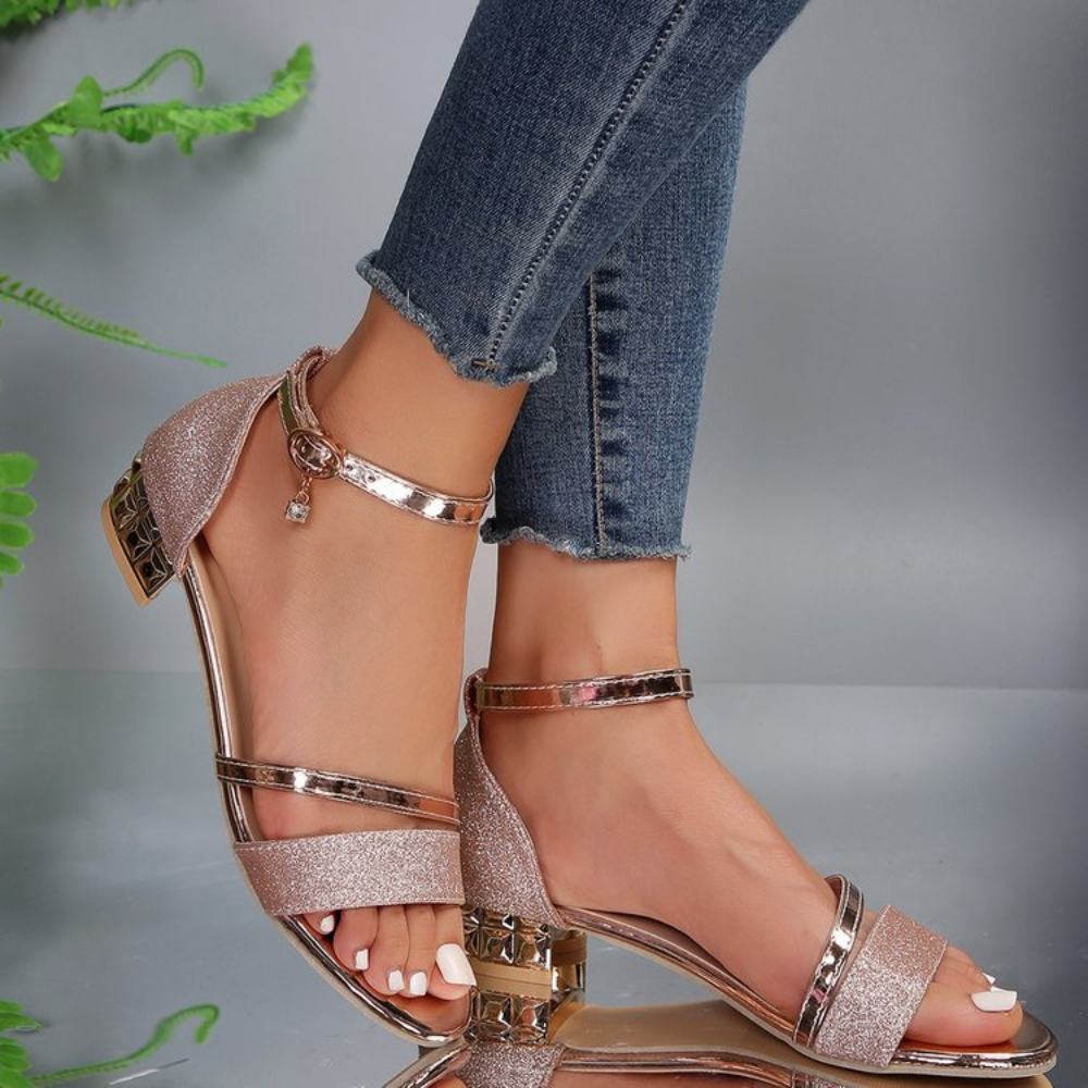 Glitter Block Heel Strappy Sandals – Chic Ankle Strap Design with Comfortable Fit