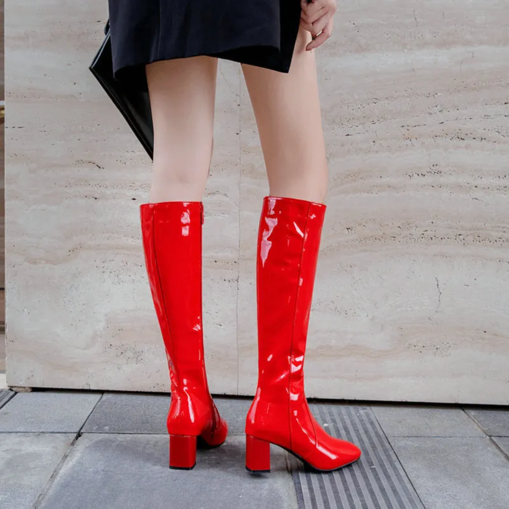 Women's Patent Knee-High Boots – Glossy Finish with Block Heel