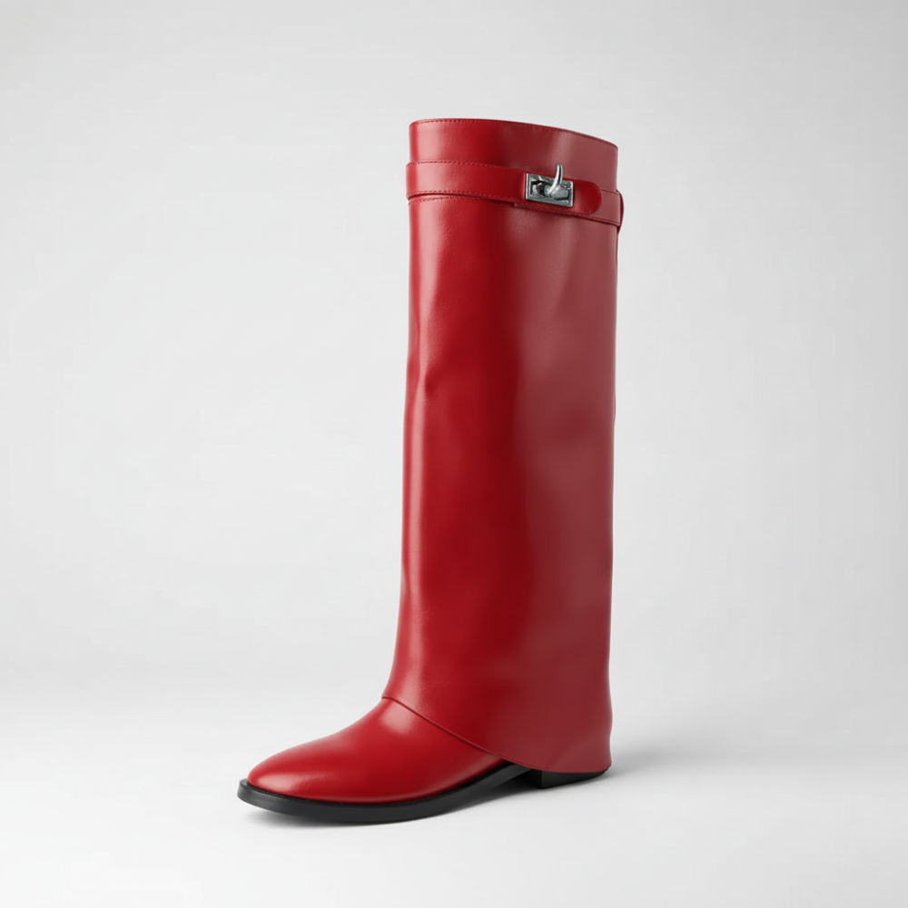 Knee High Leather Boots – Polished Buckle Detail and Sleek Silhouette
