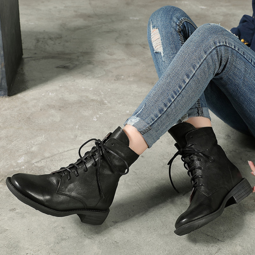 Women's Lace-Up Ankle Boots – Classic Brown with Low Block Heel