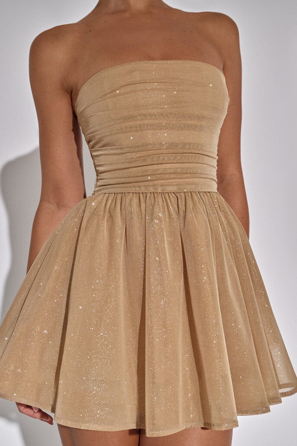 Strapless Mini Dress – Chic Glitter Finish & Statement Bow Detail