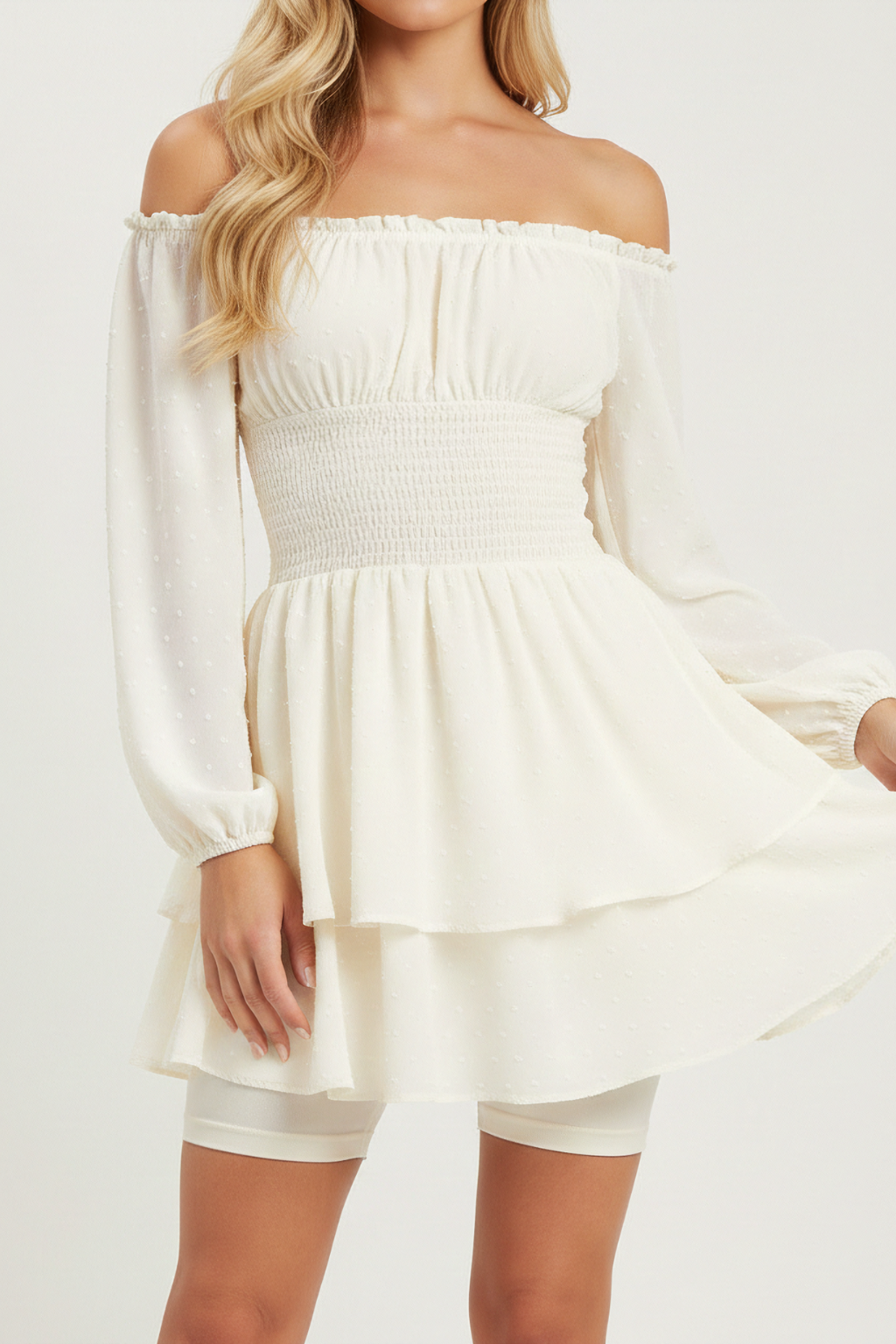 Off Shoulder Mini Dress – Ruffle Hem Long Sleeve & Smocked Waist