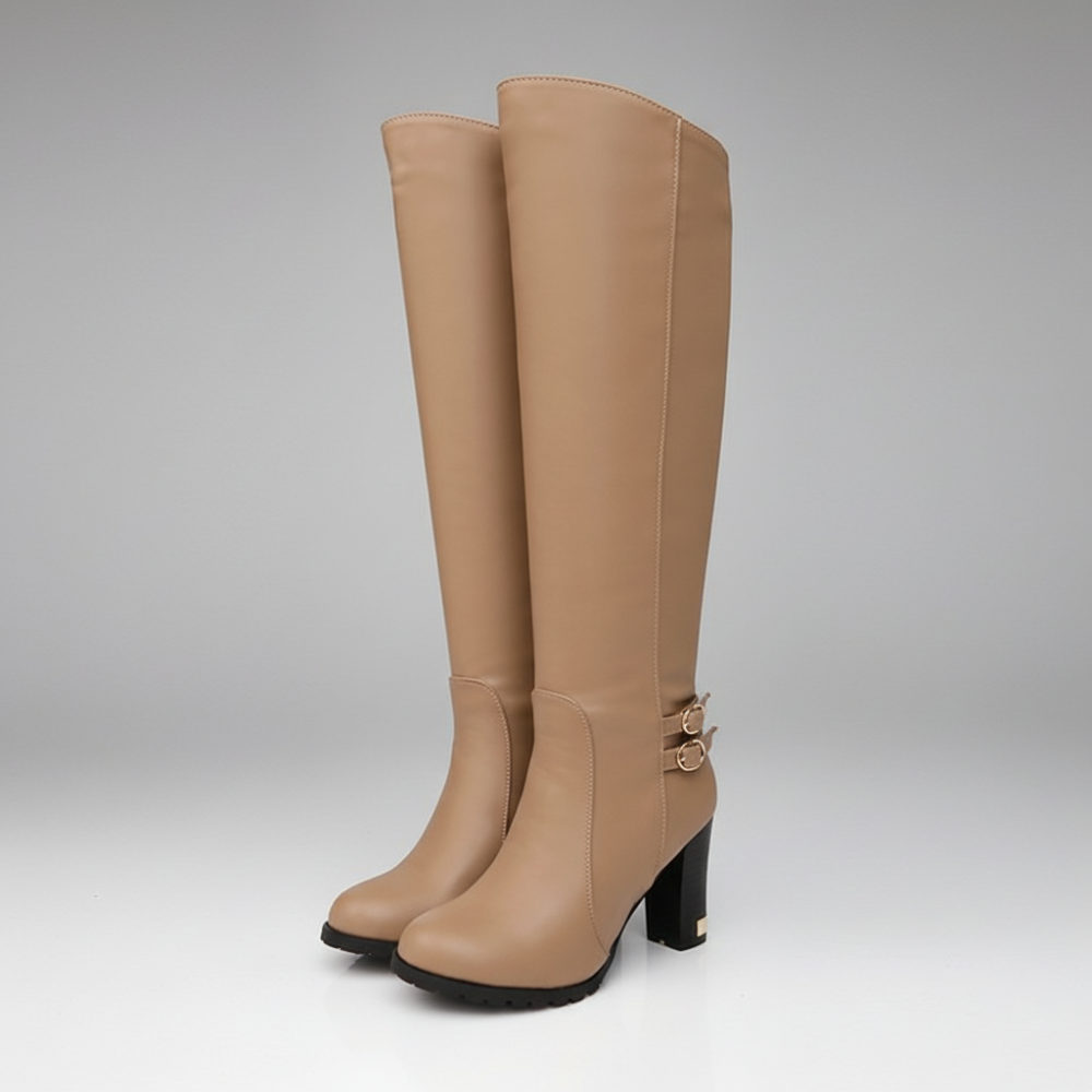 Women’s Knee-High Boots with Block Heel – Double Buckle Detail & Plush Lining