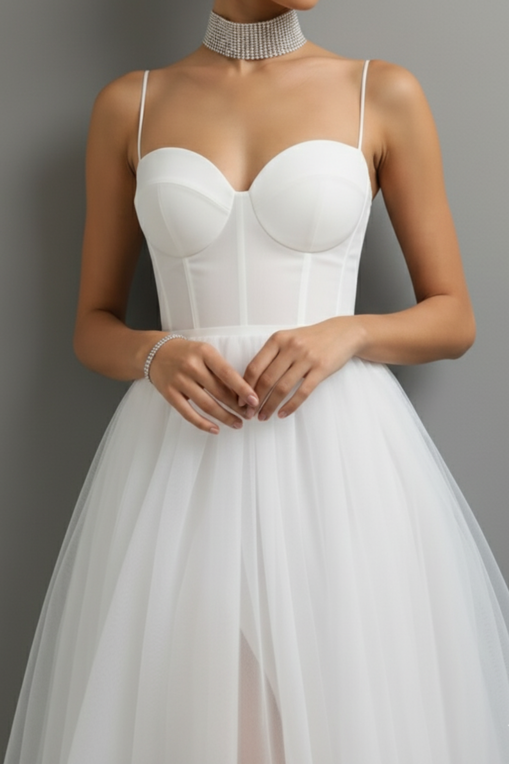 Graceful Corset-Bodice Midi Dress – Spaghetti Straps & Tulle Overlay