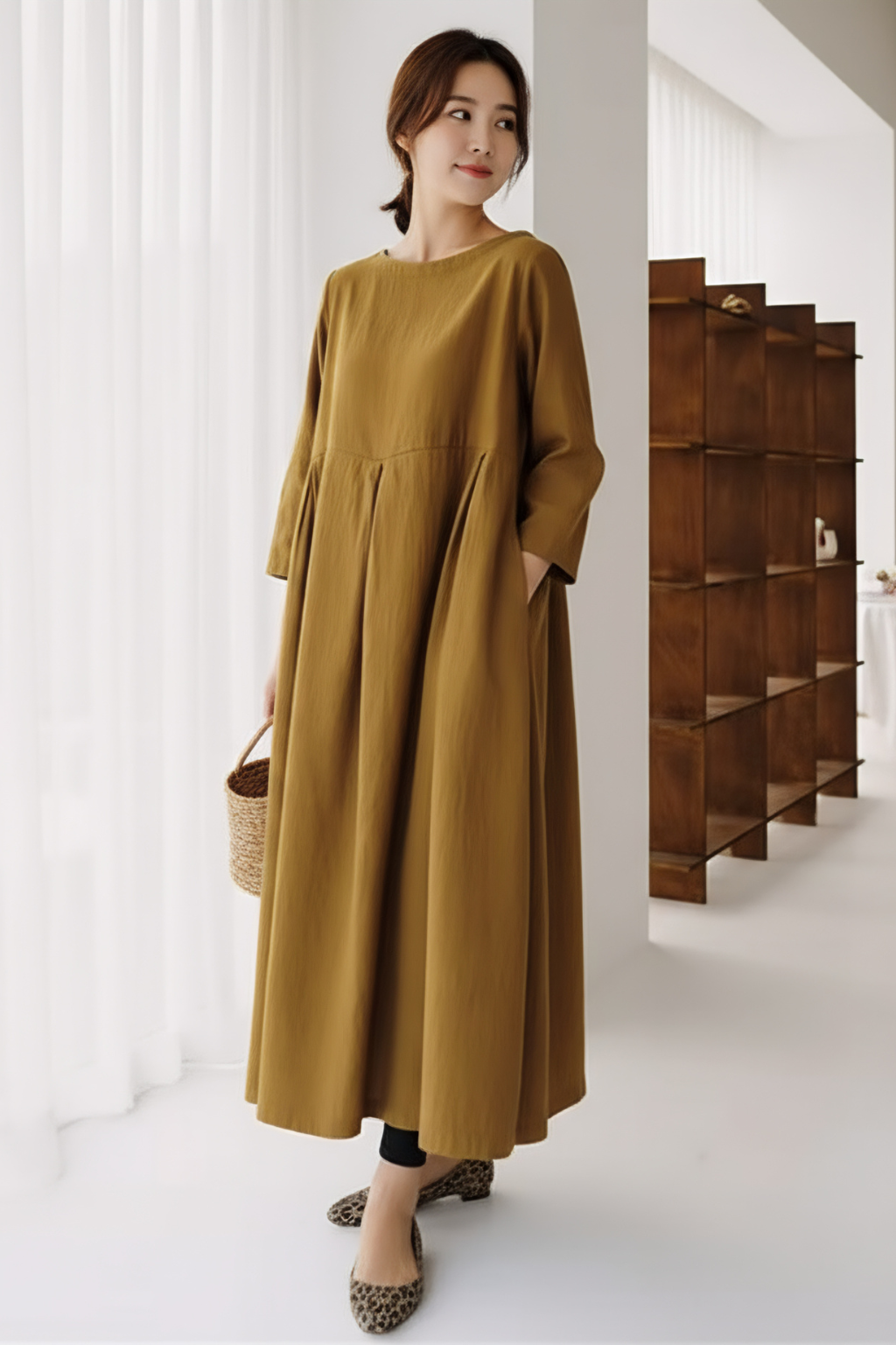 Relaxed Pleated Midi Dress – Effortless Comfort & Modern Simplicity
