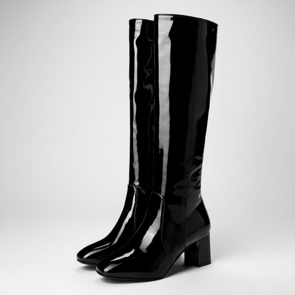 Women's Patent Knee-High Boots – Glossy Finish with Block Heel