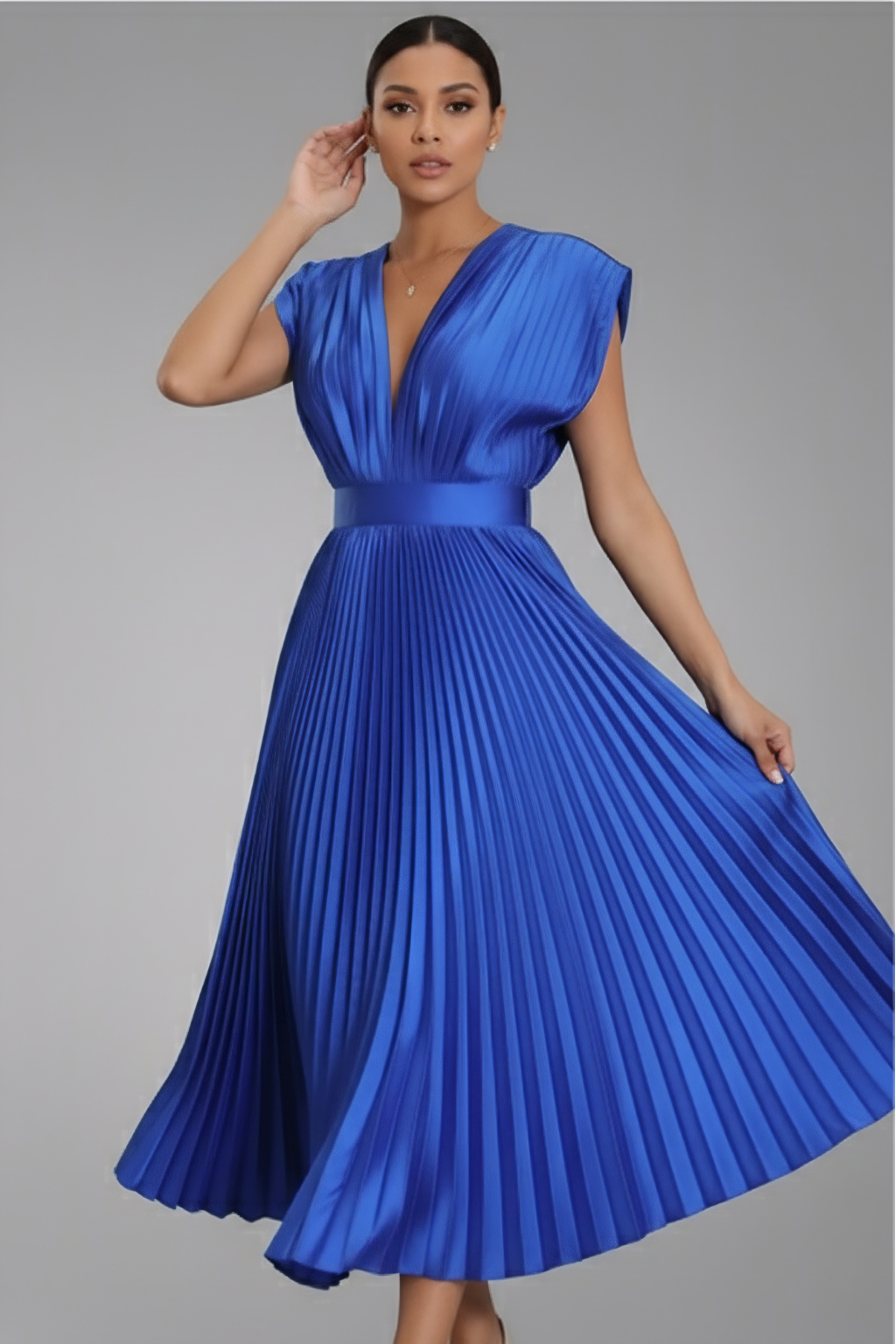 Pleated Deep V-Neck Midi Dress – Elegant Occasion Dress