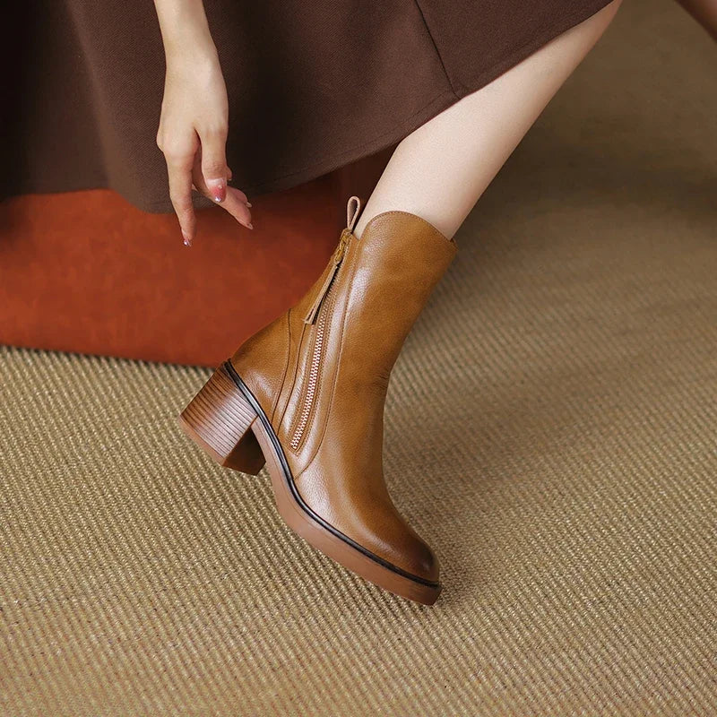 Women’s Block Heel Zip Ankle Boots – Sleek Round-Toe Design