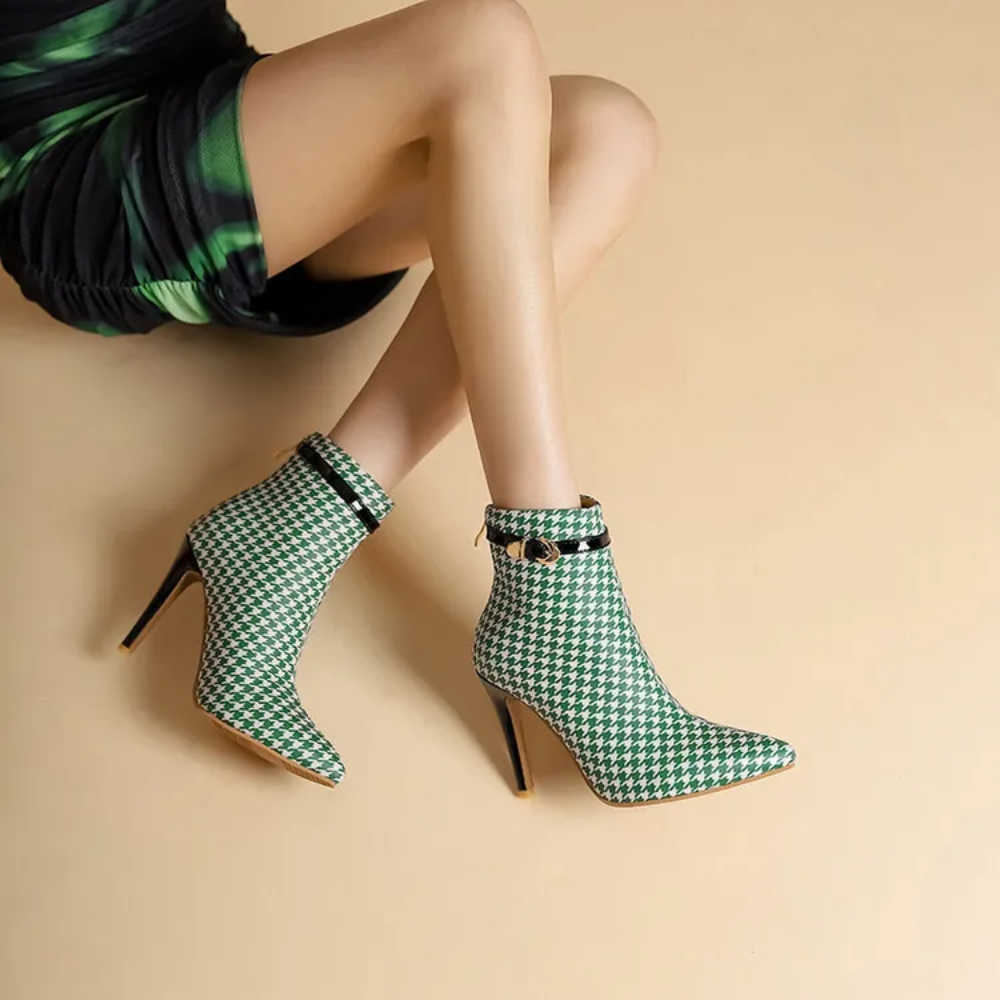 Women's Houndstooth Ankle Boots – Pointed Toe Stiletto with Gold Buckle