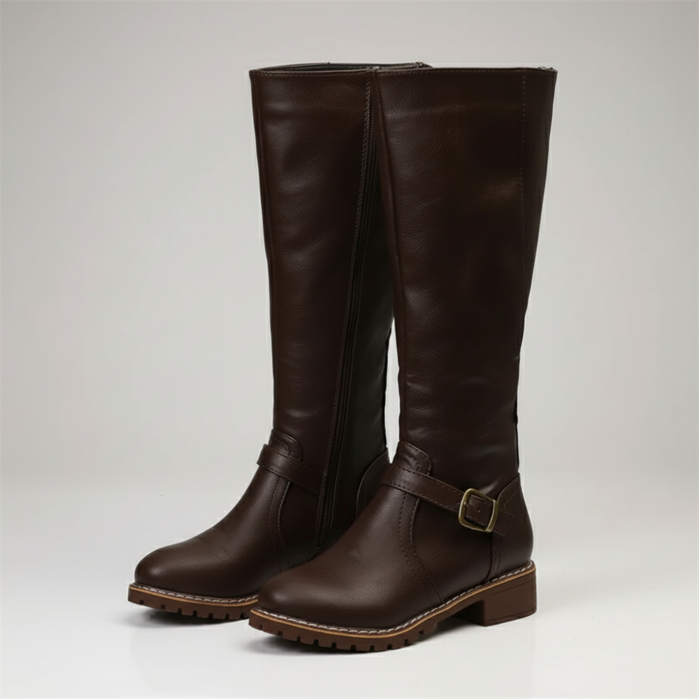 Women’s Knee-High Buckle Boots – Classic Style with Low Heel