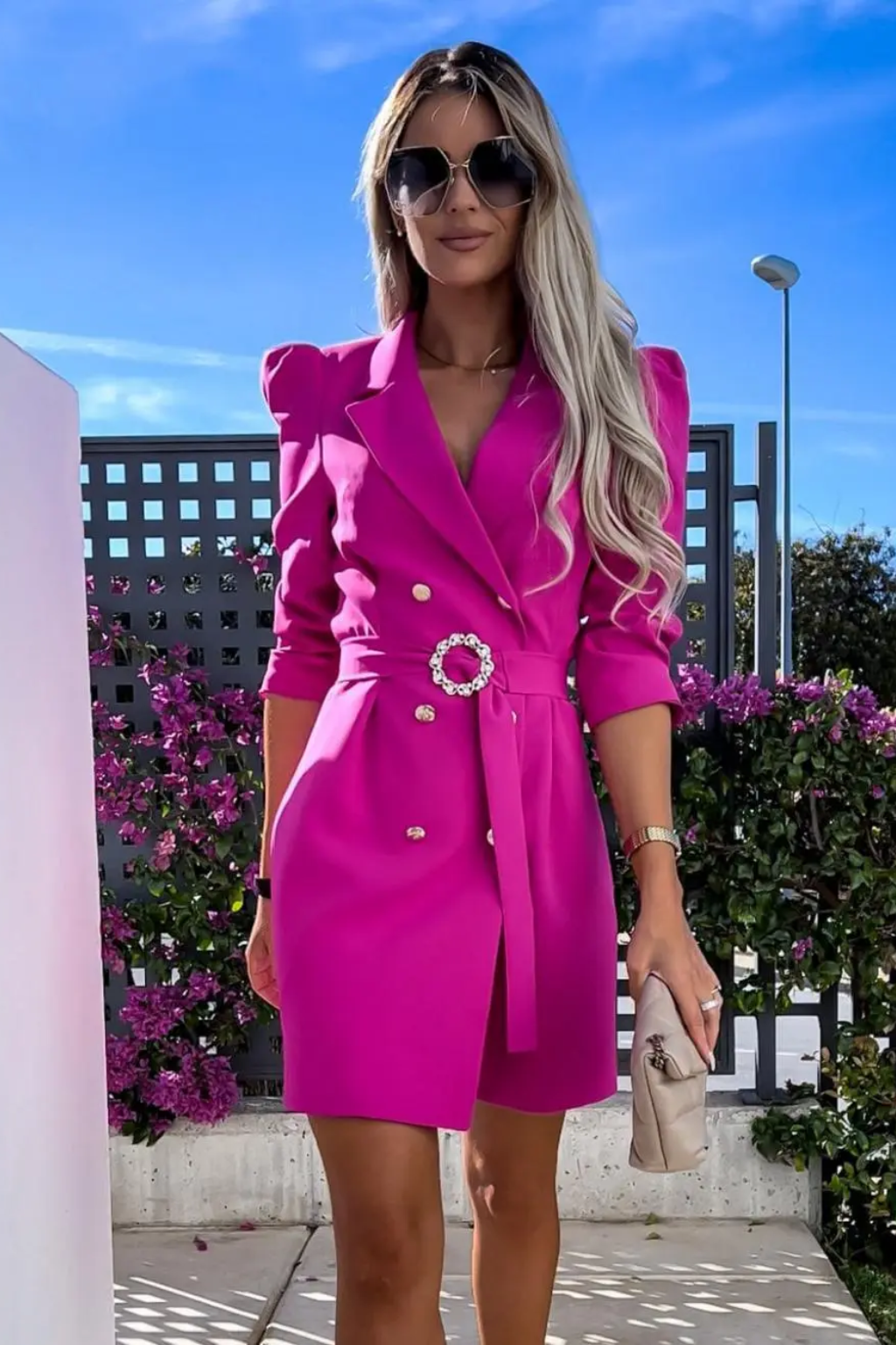 Sophisticated Double-Breasted Blazer Dress – Tailored Fit & Belted Waist