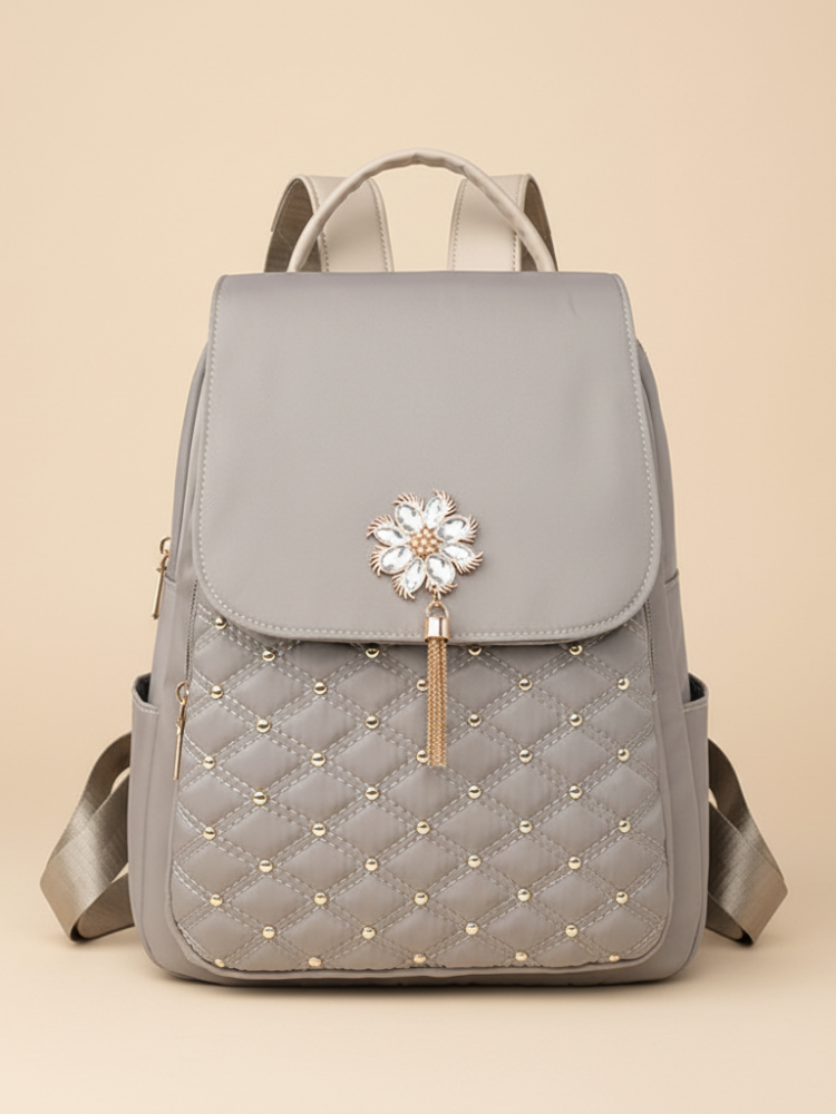 Chic Quilted Purse Backpack – Korean-Inspired Women’s Bag with Pearl Flower Accent